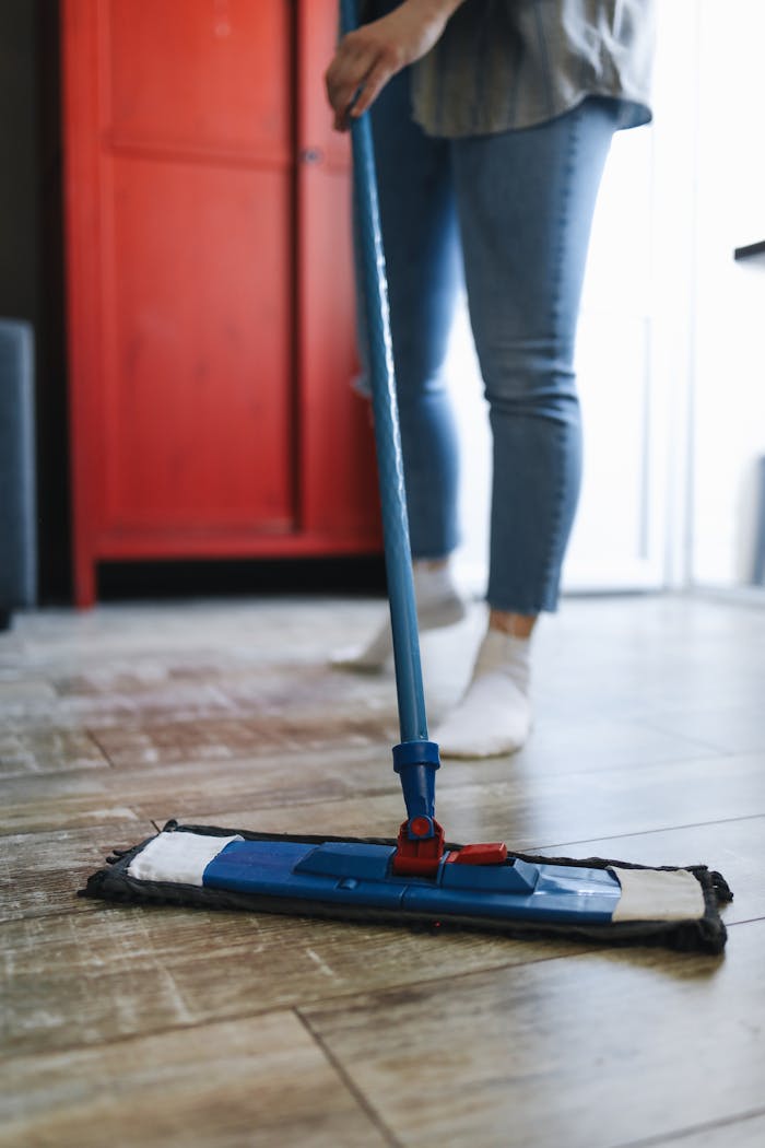 journey A woman mops a wooden floor in a modern living room with a red cabinet, emphasizing cleanliness.