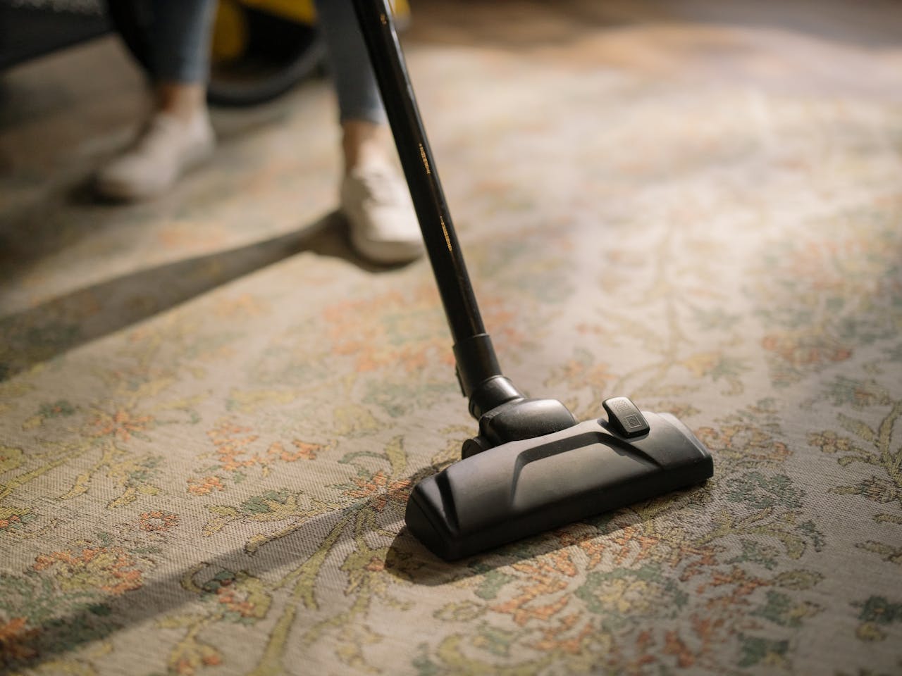 services-01 Close-up of a vacuum cleaner on a patterned carpet in a sunlit room, capturing a moment of household cleaning.